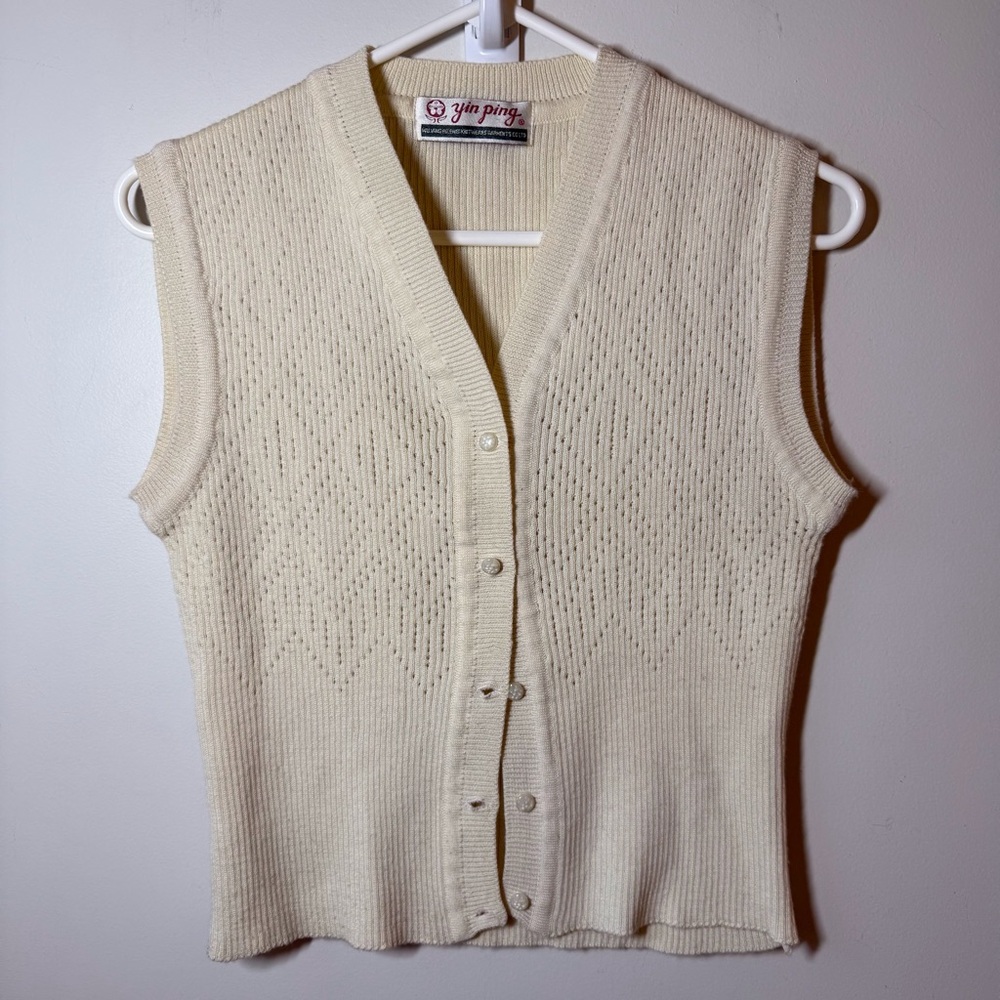 Sweater vest feminine dainty patterned knit cream floral buttons Cottagecore